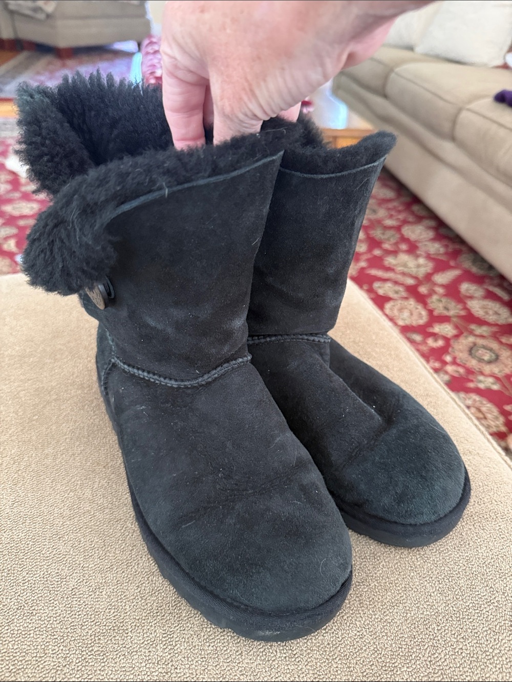 UGG Black Suede Ankle Boots Faux Fur Lined Size 9.5 (TD)